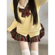VJWK秋冬穿搭jk制服小香風(fēng)套裝日系jk制服針織開衫百搭款甜美秋冬學(xué)院 白襯衫+領(lǐng)結(jié)+山楂樹裙 三件套 S