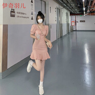 女裝2022年新款夏裝柔風(fēng)甜美清新粉色百搭巨顯瘦連衣裙高腰修身方領(lǐng)泡泡袖A字裙 粉色X 3XL 建議140-150斤