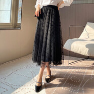 歐偲麥 網(wǎng)紗半身裙女春秋新款百褶裙高腰a字氣質(zhì)顯腿長(cháng)紗裙 9153 黑色 均碼(建議90-155斤)