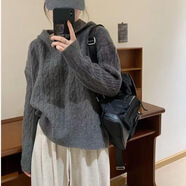 茯見(jiàn)毛衣女春秋麻花連帽毛衣女外套復(fù)古慵懶高級(jí)感純色套頭針織衫上衣 灰色均碼