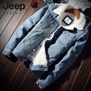 JEEP SPIRIT2025冬季加絨加厚羊羔絨牛仔外套男韓版潮流寬松夾克潮牌日系上衣 淺藍 加絨 XL