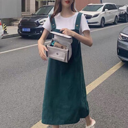 黛芙熙單件/套裝牛仔背帶裙森女系中長款過膝洋氣時(shí)尚減齡連衣裙夏季薄 綠色裙子+純白T恤 L 建議110-120斤