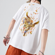 天龍致尊（Denon supreme）短袖t恤男女潮牌鳳凰刺繡oversize寬松大碼國潮半袖情侶T恤衫 5348白金色（寬松版） L碼（建議140-160斤）
