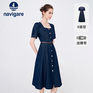 Navigare意大利小帆船女士復(fù)古方領(lǐng)牛仔裙短袖連衣裙2322874526 藍(lán) L 