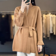 皮爾卡丹（pierre cardin）秋冬新款高端氣質(zhì)女士開衫中長款系帶毛衣外套寬松羊毛針織衫 卡其 2XL (適合125-145斤)