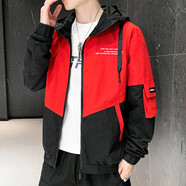 左斯客夾克男秋季新款韓版外套男裝男士春秋上衣衣服男工裝大碼連帽衣 黑紅色 2XL