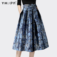伊卉（YIHUI）歐洲站提花半身裙新款a字裙時(shí)尚顯瘦百褶裙復(fù)古傘裙蓬蓬裙秋 藍(lán)花色 S