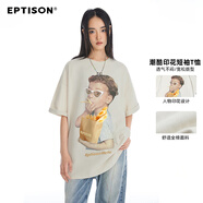 衣品天成夏季新品搞怪男孩印花短袖T恤oversize純棉重磅230G時(shí)尚 淺卡其色 160