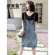 唐菓蜜 背帶連衣裙女夏2023新款女裝韓版寬松休閑時(shí)尚顯瘦牛仔背帶裙子 牛仔背帶裙 M