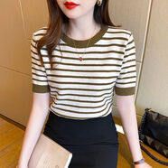 索宛亦（SUOWANYI）條紋針織衫女2023短袖t恤內(nèi)搭上衣薄款毛衣圓領(lǐng)打底衫女秋 芥末綠 【版】 XL 建議110-120斤