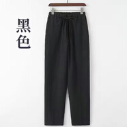 核臣 夏季薄款男裝亞麻寬松透氣直筒長褲棉麻加大松緊腰麻料休閑男長褲 黑色 3XL 建議145-160斤