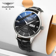 冠琴（GUANQIN）手表男士全自動機械表瑞士品質(zhì)防水夜光精鋼雙日歷學(xué)生多功能腕表 黑皮本色黑面（SY款）
