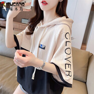 啄木鳥(niǎo)連帽設計感短袖t恤女夏裝2026新款寬松大尺碼撞色小個(gè)子短款上衣 黑色 L (適合111-130斤)