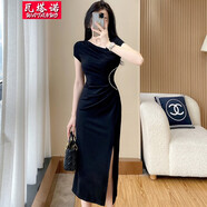 瓦塔諾（WA TA NUO）氣質(zhì)連衣裙女裝春夏短袖性感時(shí)尚修身包臀氣質(zhì)名媛高級(jí)感宴會(huì)開衩 黑色 2XL(125-138斤)