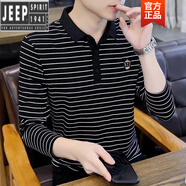 吉普（JEEP）高檔P0LO衫長袖條紋春秋2025新款衫修身刺繡商務翻領t恤男士 021黑色 長袖條紋POLO 2XL