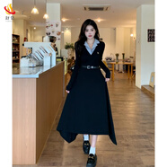 舒裟（ZUMKSAY）韓系感深秋初冬穿搭配一整套黑色針織連衣裙子女2025新款長(zhǎng)裙 裙子＋皮帶 指定物流需加購(gòu)【單拍不發(fā)】