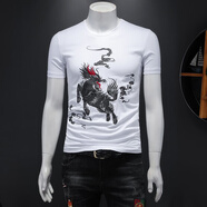 閃爆麒麟刺繡短袖t恤男圓領(lǐng)修身高端夏裝上衣2025年新款胖子大碼小衫 19505白色 M