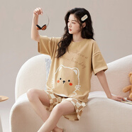 馨愛百年睡衣女夏天短袖韓版休閑簡約加大碼帶胸墊家居服可外穿短褲套裝 QH3284 2XL
