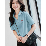 德瑪納（dme）【玫瑰印花女式t恤】夏季通勤翻領打底衫短袖t恤女