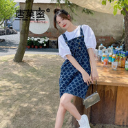 唐菓蜜牛仔背帶裙女夏季2024新款女裝百搭甜美泡泡袖小個(gè)子減齡連衣裙子 牛仔背帶裙 S