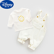 迪士尼（Disney）嬰兒牛仔背帶褲春秋款男幼童按扣連體褲大pp褲一歲女寶寶褲子秋裝 米白色套裝 T恤+背帶褲 90 cm