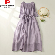 皮爾卡丹（pierre cardin）苧麻連衣裙森女系帶風(fēng)琴褶短袖棉亞麻長袍子2025新款 紫色(少量現(xiàn)貨) L 【建議115-135斤】