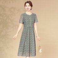 Missdaling2025高貴夫人優(yōu)雅彈力網(wǎng)紗連衣裙短袖夏季新款中年氣質(zhì)臺灣紗裙子 綠色 XL適合（100-120斤）