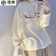 漫佩 新款圓領長袖T恤女學生韓版寬松白色上衣中長款薄款打底衫上衣服 #字母愛心【款】 XL 【建議121斤-140斤】