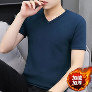 嘉曄（JIAYE）秋冬季加絨加厚保暖短袖T恤男雞心V領(lǐng)修身打底衫內(nèi)衣半袖內(nèi)搭上衣 藍(lán)色 M 90-105斤