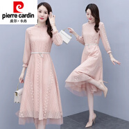 皮爾卡丹（pierre cardin）連衣裙女長袖2025年春秋季新款氣質(zhì)洋氣別致驚艷早春蕾絲裙子 粉色 L 建議105-115斤