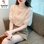 啄木鳥夏季泡泡袖冰絲襯衫女裝夏裝2024新款氣質(zhì)時(shí)尚洋氣小衫短袖襯衣 杏色 XL