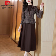 皮爾卡丹（pierre cardin）小香風(fēng)毛呢套裝裙子女2024秋冬款媽媽裝氣質(zhì)西裝外套連衣裙兩件套 咖啡色 2XL 【128-138斤】