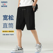 GENIOLAMODE短褲男士夏季休閑寬松直筒松緊腰帶黑色百搭五分褲子潮 黑色 2XL 