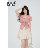 歐迪惠jk制服連衣裙女裝新款2025年夏季襯衫小香風百褶短裙子女衣服套裝 粉色上衣+杏色裙褲 L