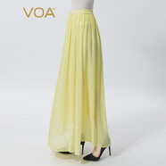 VOA真絲喬其鵝黃色自然腰牛筋彈力收口褶皺釘珠寬松清爽半身裙 CE92 浣溪紗-鵝黃（Y6） XL