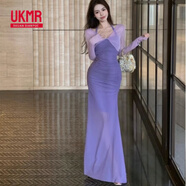 UKMR純欲感黑色掛脖吊帶連衣裙女夏季辣妹修身收腰開(kāi)叉網(wǎng)紗長(cháng)裙子 紫色罩衫 S 【建議95-105斤】