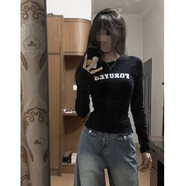 嬌茹妮 美式復(fù)古正肩長袖t恤女春秋季bm純欲辣妹修身顯瘦短款上衣打底衫 黑色 M
