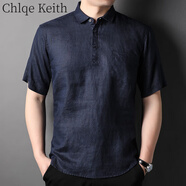 ChlqeKeith亞麻t恤男短袖夏季薄款寬松半袖中國風(fēng)休閑男裝翻領(lǐng)男士polo體恤 藏青 L 175(141斤-160斤)