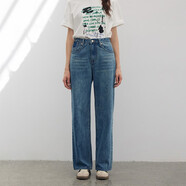 BASIC HOUSE/百家好女裝秋新款寬松直筒休閑百搭褲高腰牛仔褲女 藍(lán)色（四季通用） S