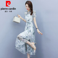 皮爾卡丹（pierre cardin）雪紡連衣裙子女裝夏季2025年新款碎花收腰薄款大擺氣質(zhì)法式中長裙 藍色 M (95-110斤)