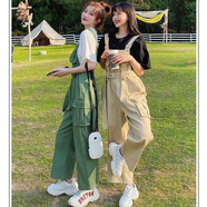 夢史怡夏季閨蜜裝套裝褲女學(xué)生韓版短袖T恤高腰背帶直筒褲子兩件套 黃色背帶褲 XL