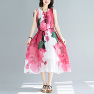 花九卿海邊度假連衣裙 海灘裙沙灘裙女夏新款旅游拍照超仙大號無(wú)袖長(cháng)裙 181紅色 L 95-105斤