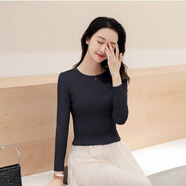 澤萬邦秋裝圓領T恤女裝上衣修身長袖針織衫薄短款緊身打底衫女顯瘦 黑色長袖 M