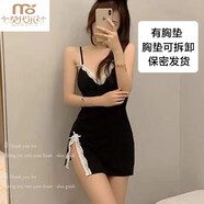 莫代爾2025新款時尚開叉性感v領(lǐng)拼接蕾絲包臀無袖連衣裙吊帶睡裙女 黑色（有胸墊） S碼（建議80-90斤）