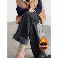 簡蜓人字紋加厚加絨褲子女秋冬2025新款高腰窄版直筒小個(gè)子毛呢闊腿褲 黑灰色九分褲（加絨款） L (106-120斤)