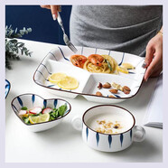 瓷之美一人食分格餐盤(pán)碟陶瓷菜盤(pán)餐盤(pán)家用早餐盤(pán)日式單人餐具北歐創(chuàng  )意 方盤(pán)木紋+愛(ài)心碗+雙耳碗+小勺