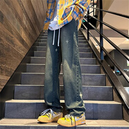 衣然呈品星星牛仔褲男秋季新款簡(jiǎn)約高街闊腿潮牌寬松休閑直筒百搭長(cháng)褲子男 藍色 2XL【建議150-165斤】