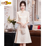 初徑中國風(fēng)改良旗袍中式繡花蕾絲連衣裙女春夏2025新款禮服氣質(zhì)小個(gè)子 杏色 M