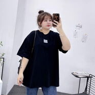 予瑾加肥加大胖妹妹大碼女裝短袖t恤女300斤學(xué)生寬松中長款半袖上衣女 74#方形字母-黑色 L 105-125斤