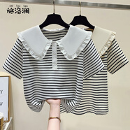 施洛瀾2025夏季新款娃娃領(lǐng)條紋短袖t恤女裝顯瘦減齡上衣棉體恤短款薄款 白色 S 建議 95斤以下